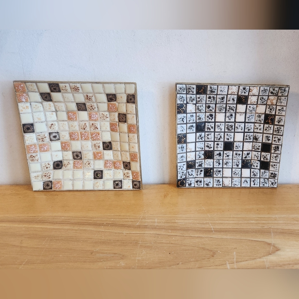 Pair MCM Ceramic Tile Trays Art Trinket Dish Ash Mosaic Retro Accent